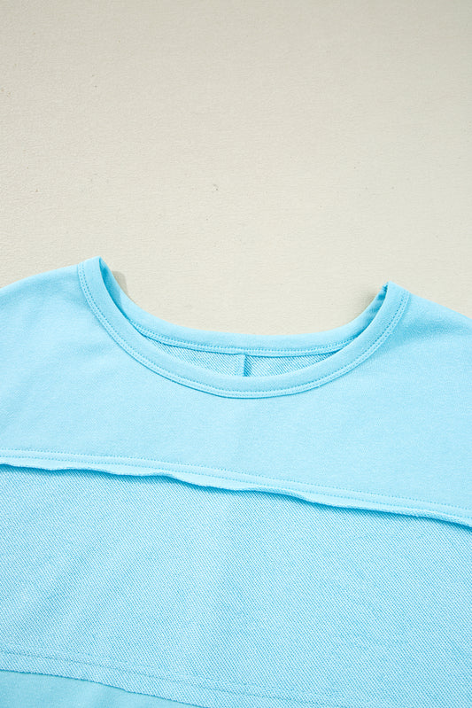 Aruba Blue Plus Size Solid Color Splicing Raw Hem Pullover Top Shorts Set