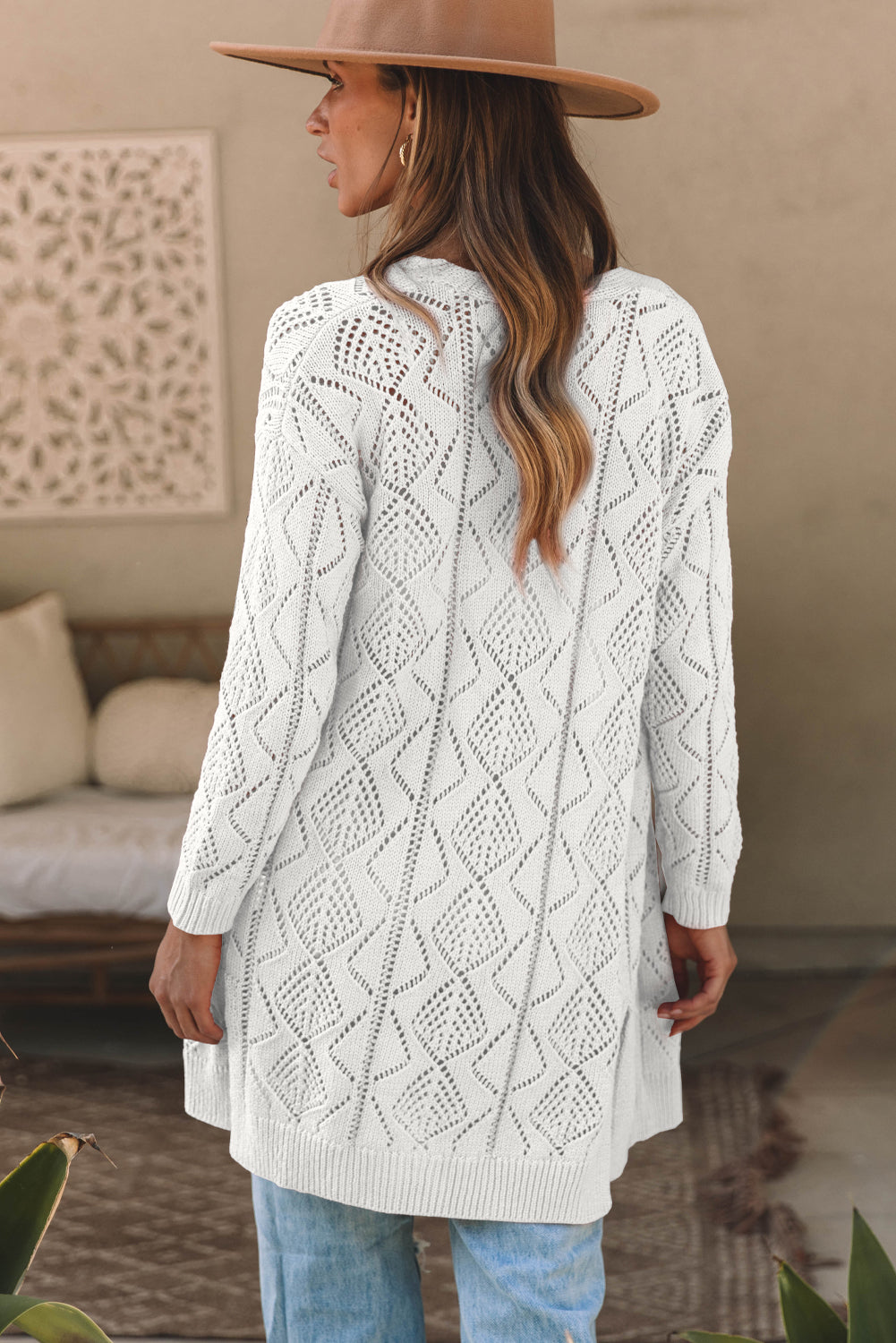 Purple Hollow-out Openwork Knit Cardigan