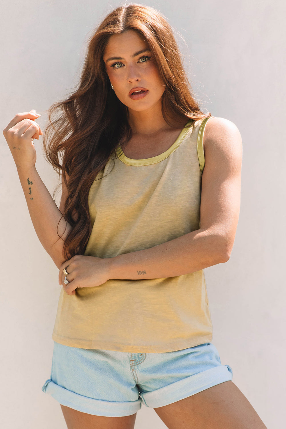 Mist Green Metallic Sheen Edge Scoop Neck Tank Top