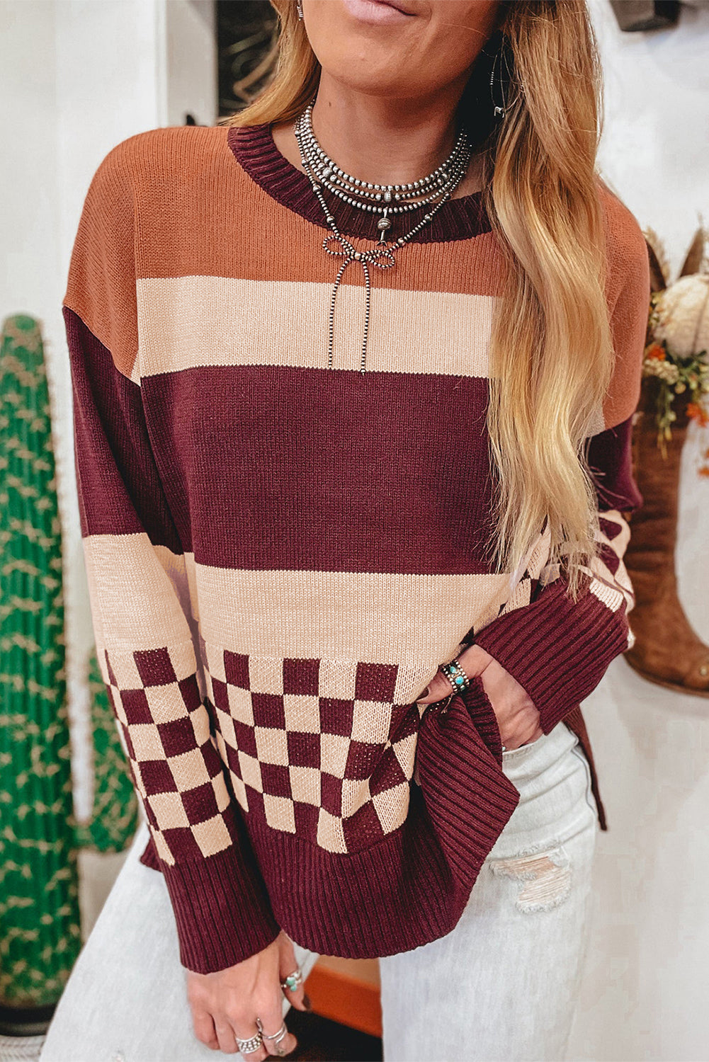 Brown Checkered Color Block Knitted Drop Shoulder Sweater