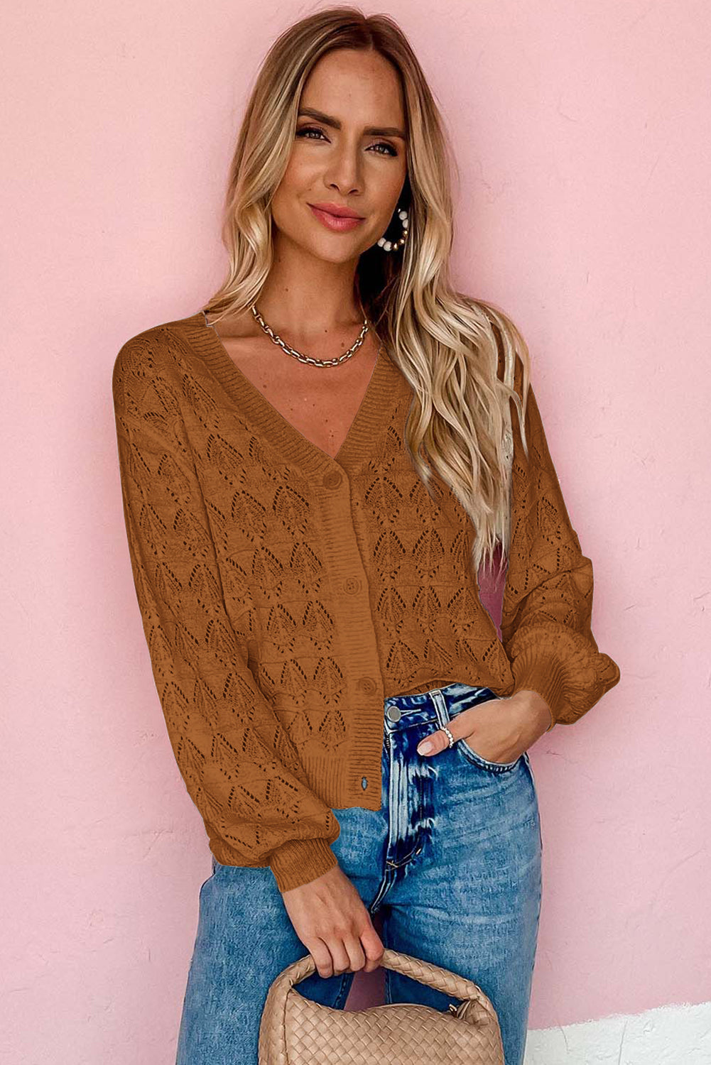 Gray Lightweight Buttoned Front Crochet Cardigan