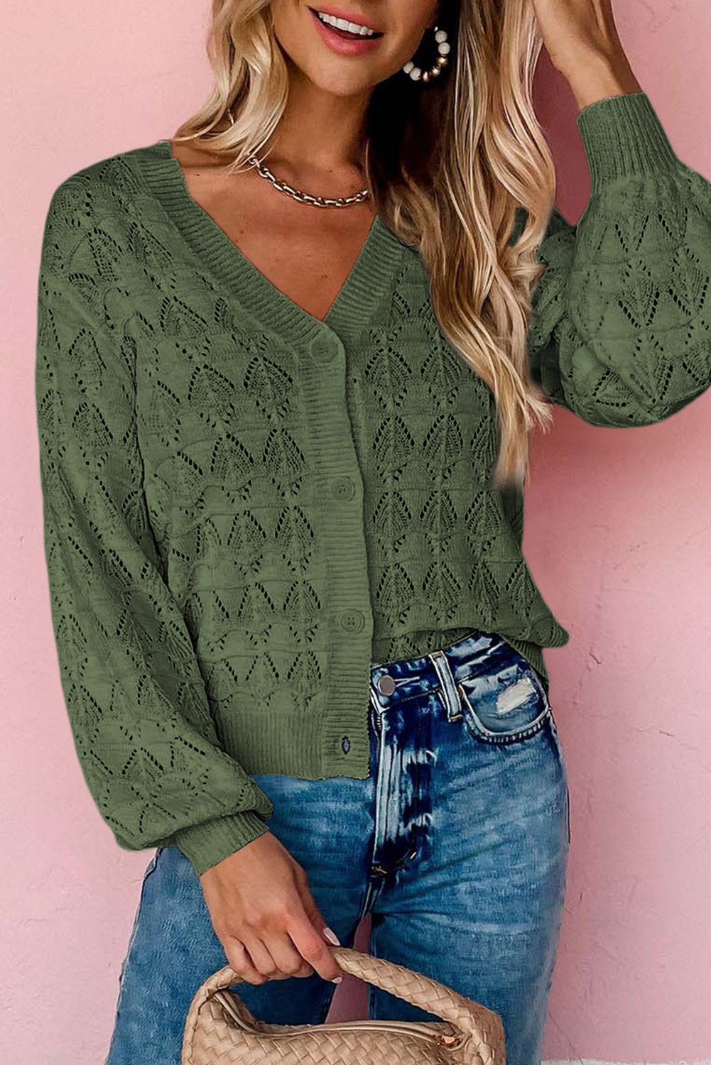 Gray Lightweight Buttoned Front Crochet Cardigan