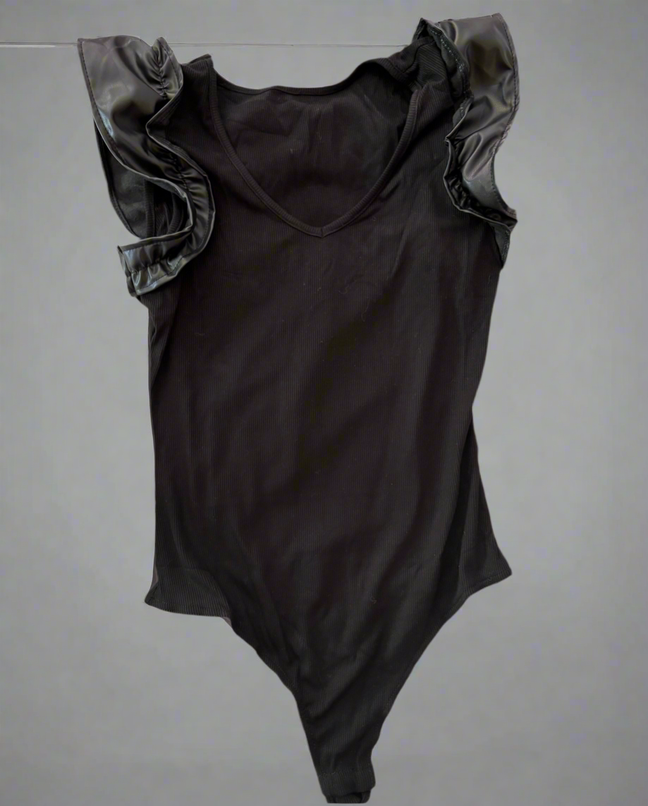 Black Leatherette Ruffle Patchwork Ribbed V Neck Bodysuit