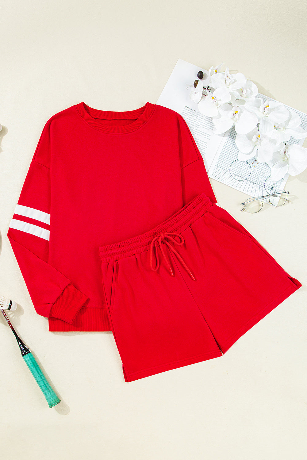 Black Varsity Striped Sleeve Drop Shoulder Sweatshirt and Short Set