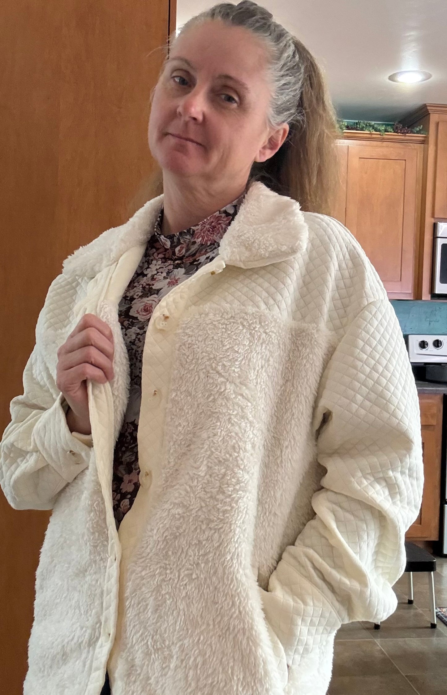White Solid Color Quilted Sherpa Patchwork Button Up Shacket