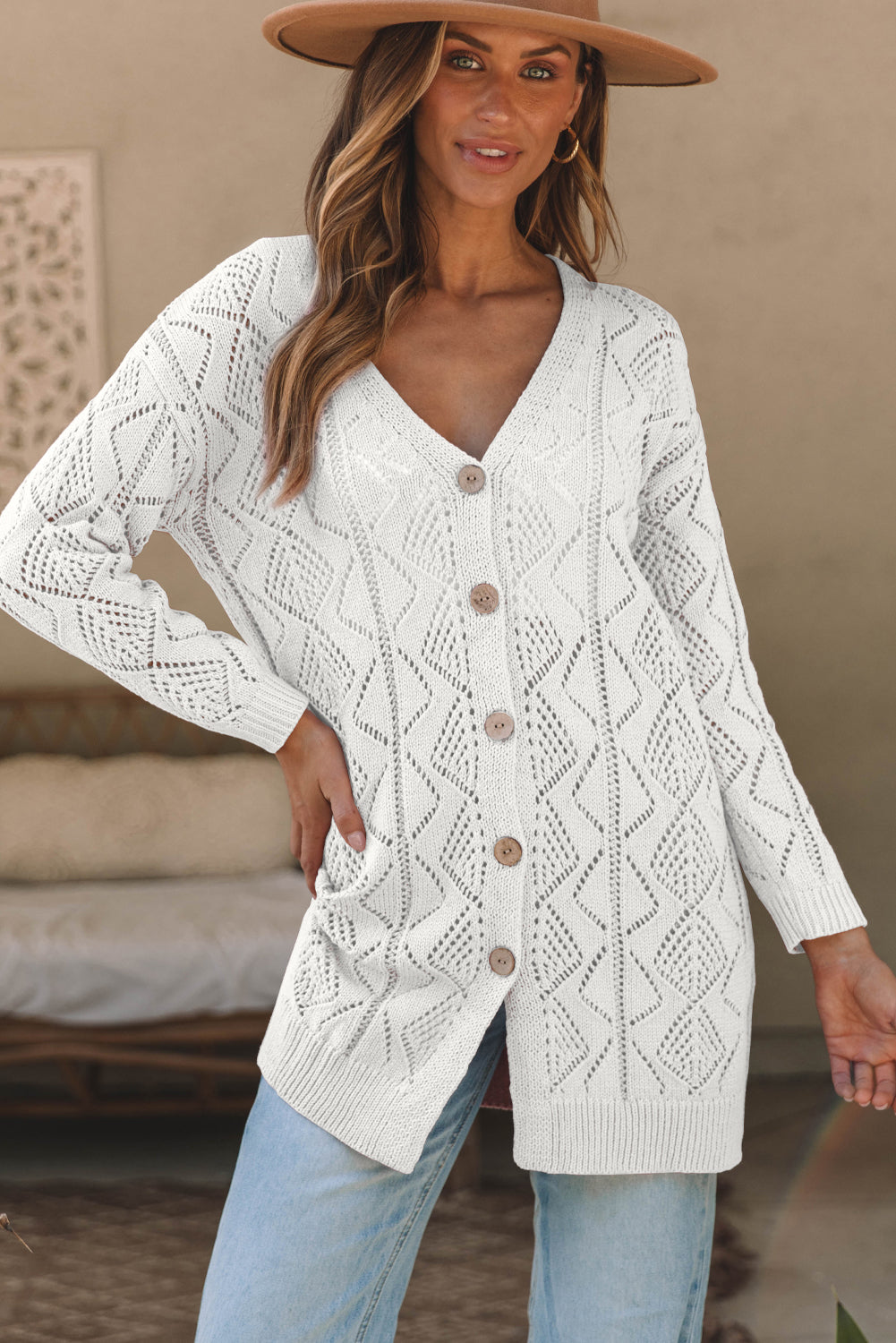 Purple Hollow-out Openwork Knit Cardigan