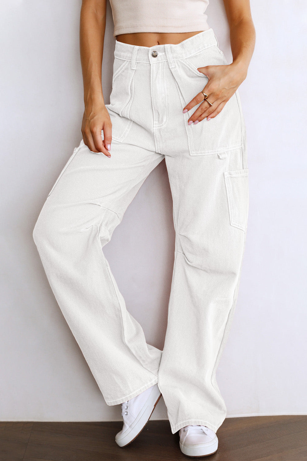 Khaki High Waist Straight Leg Cargo Pants with Pockets