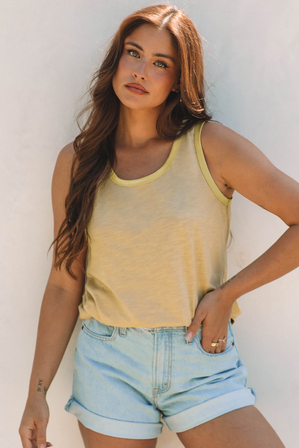 Mist Green Metallic Sheen Edge Scoop Neck Tank Top