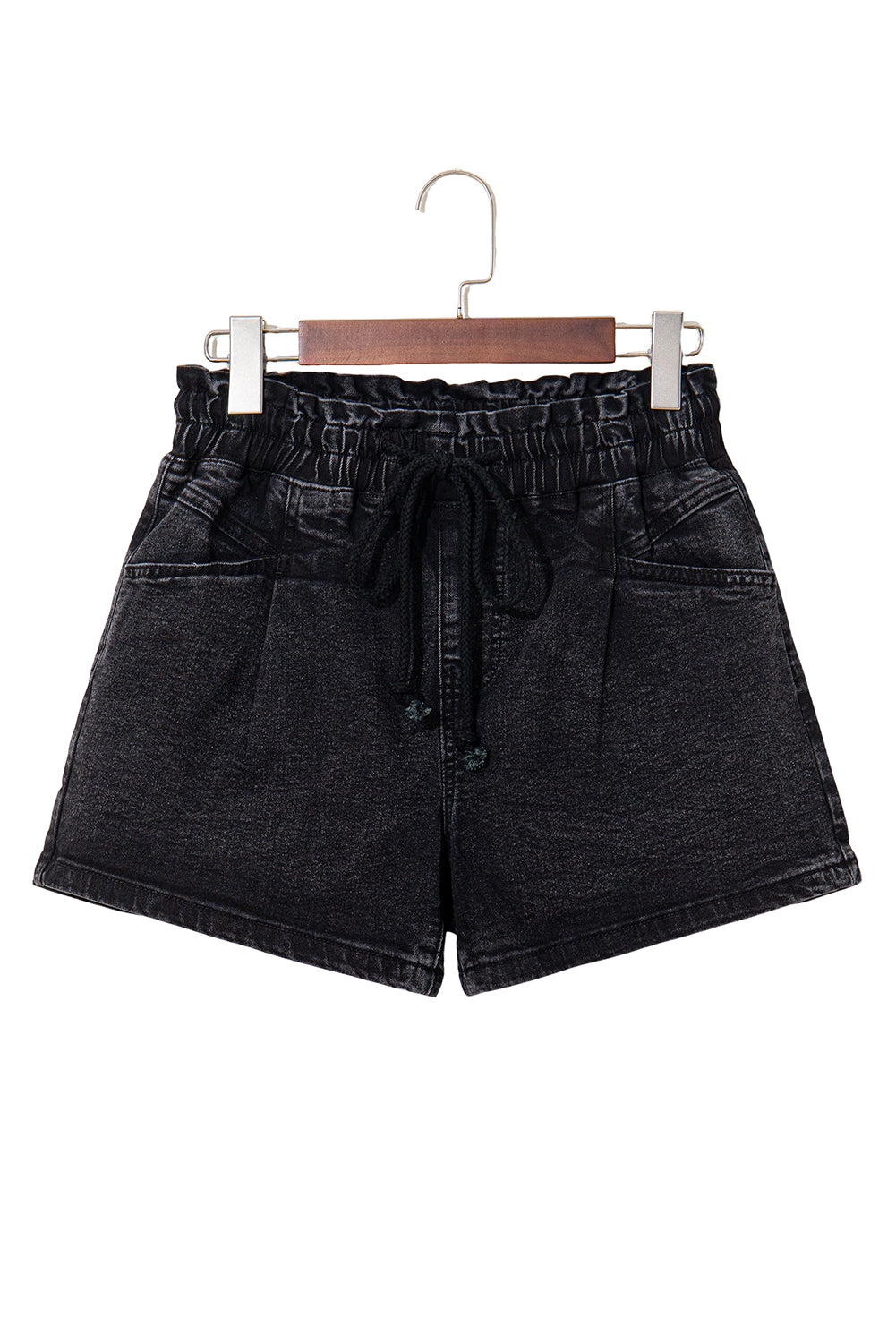 Black Drawstring High Waist Casual Denim Shorts with Pockets