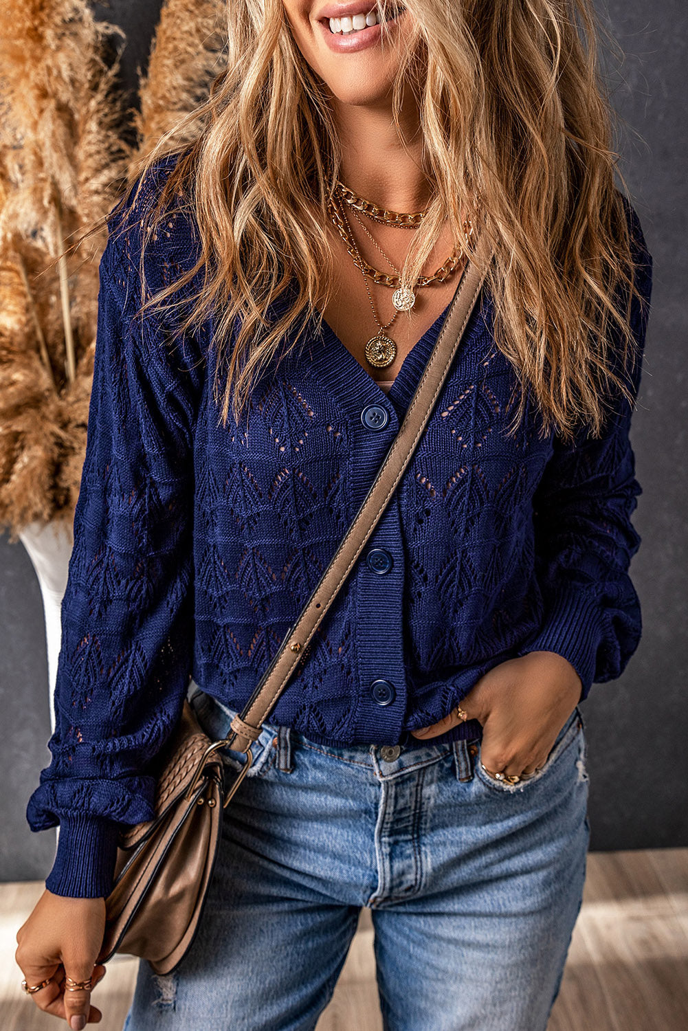 Gray Lightweight Buttoned Front Crochet Cardigan
