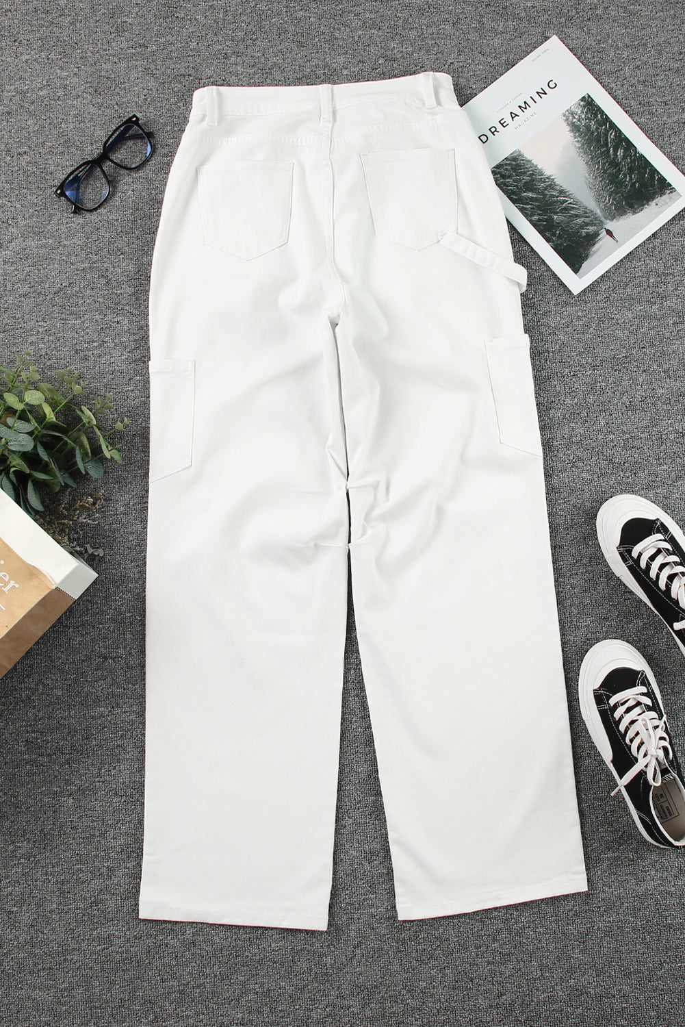 Khaki High Waist Straight Leg Cargo Pants with Pockets