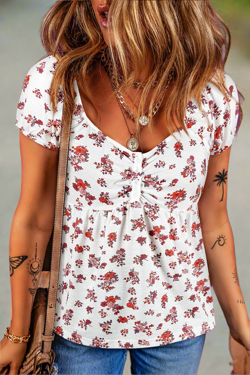 White Boho Floral Ruched Cinched Short Sleeve Blouse