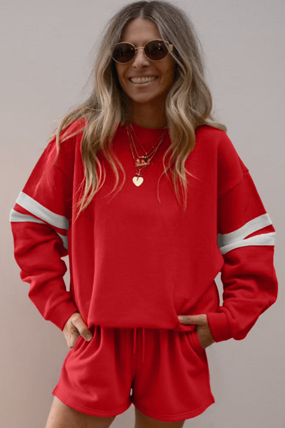 Black Varsity Striped Sleeve Drop Shoulder Sweatshirt and Short Set