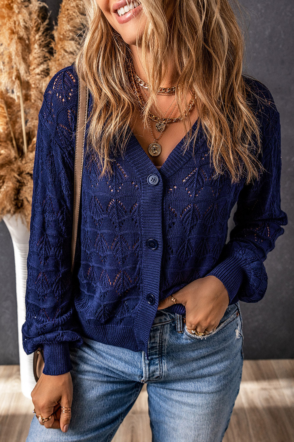Gray Lightweight Buttoned Front Crochet Cardigan