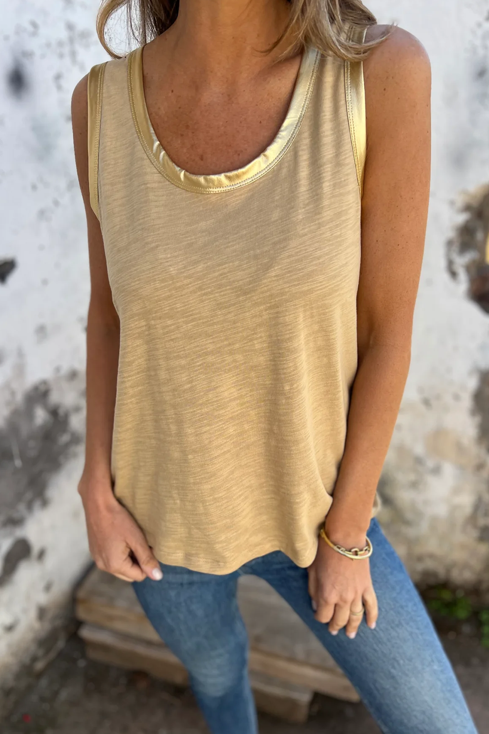 Mist Green Metallic Sheen Edge Scoop Neck Tank Top