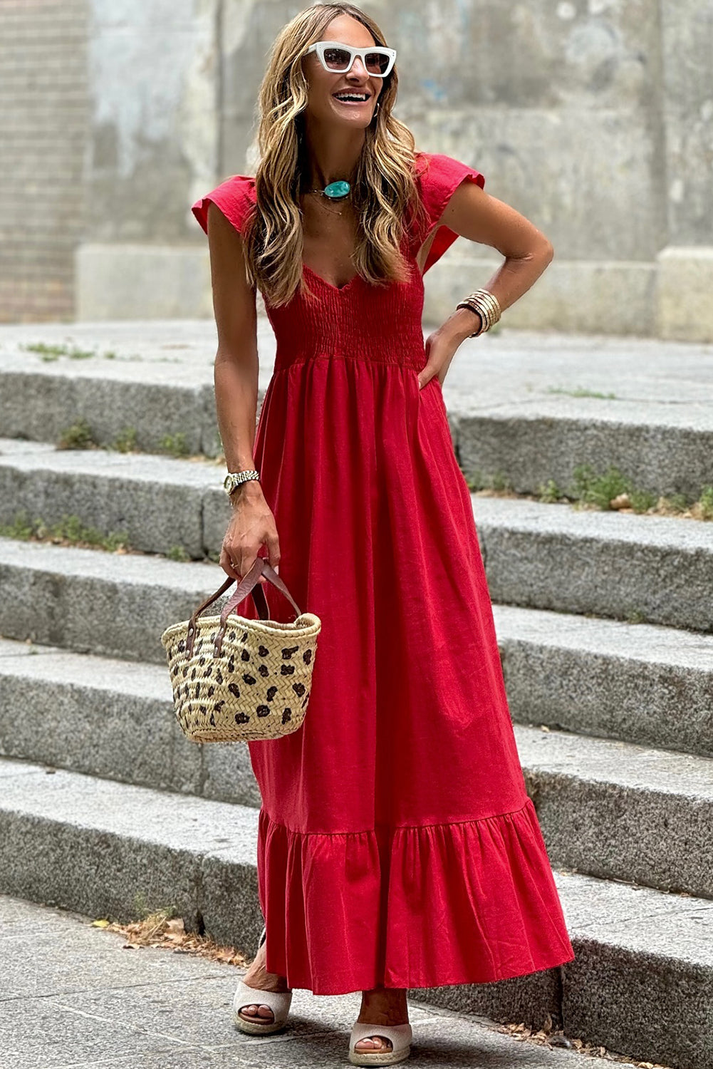 Pink V Neck Flutter Sleeve Smocked Bodice High Waist Ruffle Maxi Dress