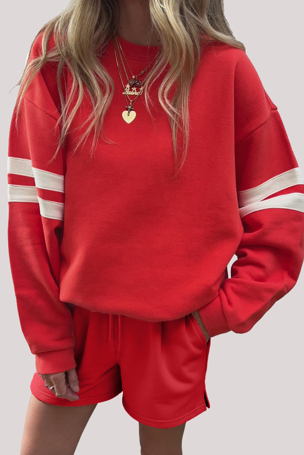 Black Varsity Striped Sleeve Drop Shoulder Sweatshirt and Short Set