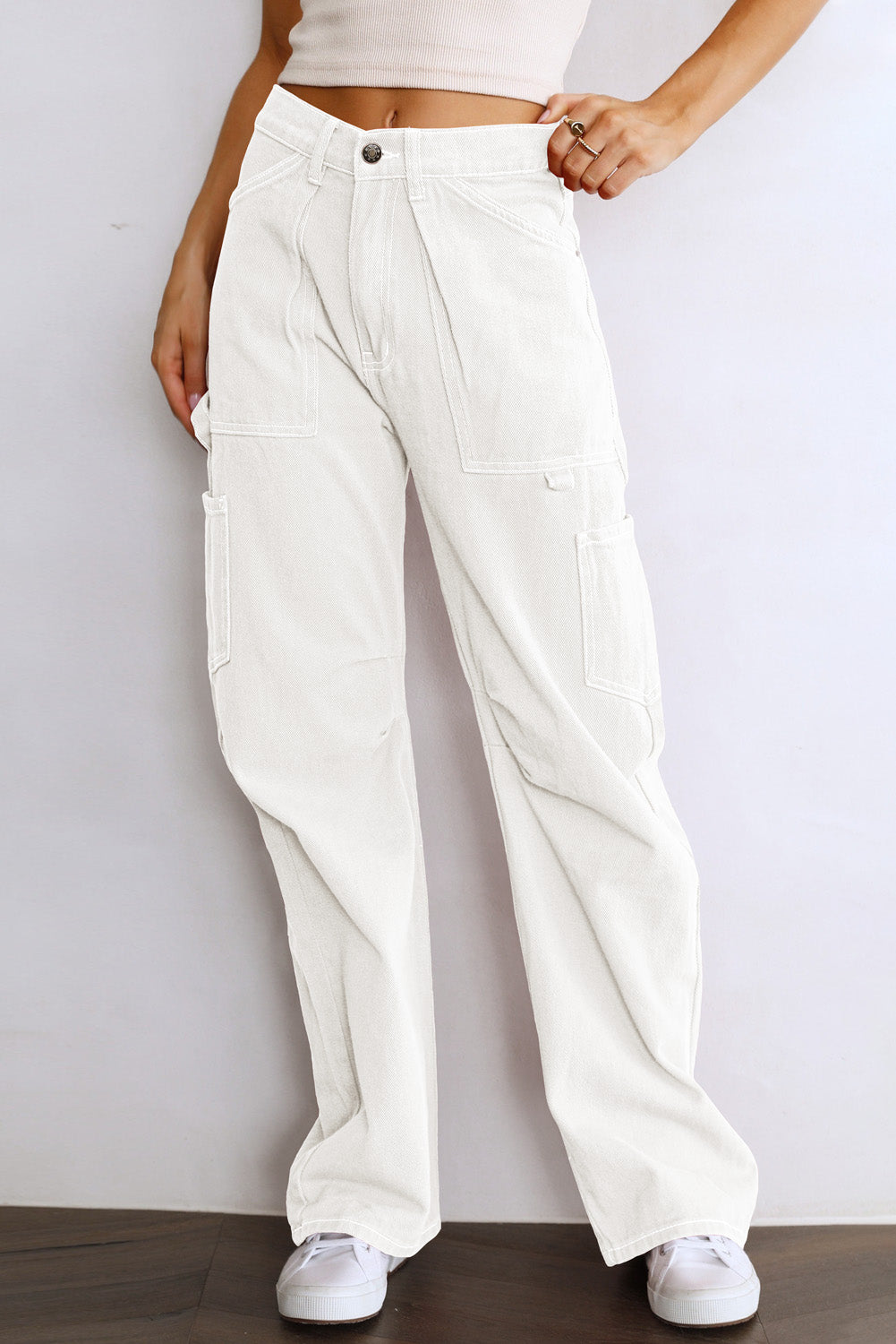 Khaki High Waist Straight Leg Cargo Pants with Pockets