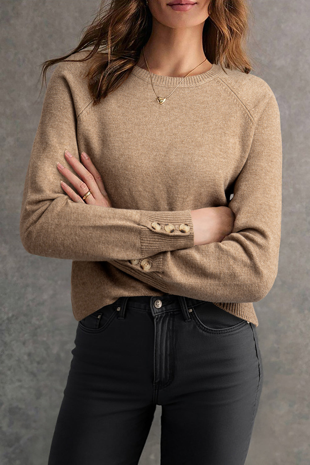 White Buttoned Bishop Sleeve Crew Neck Sweater