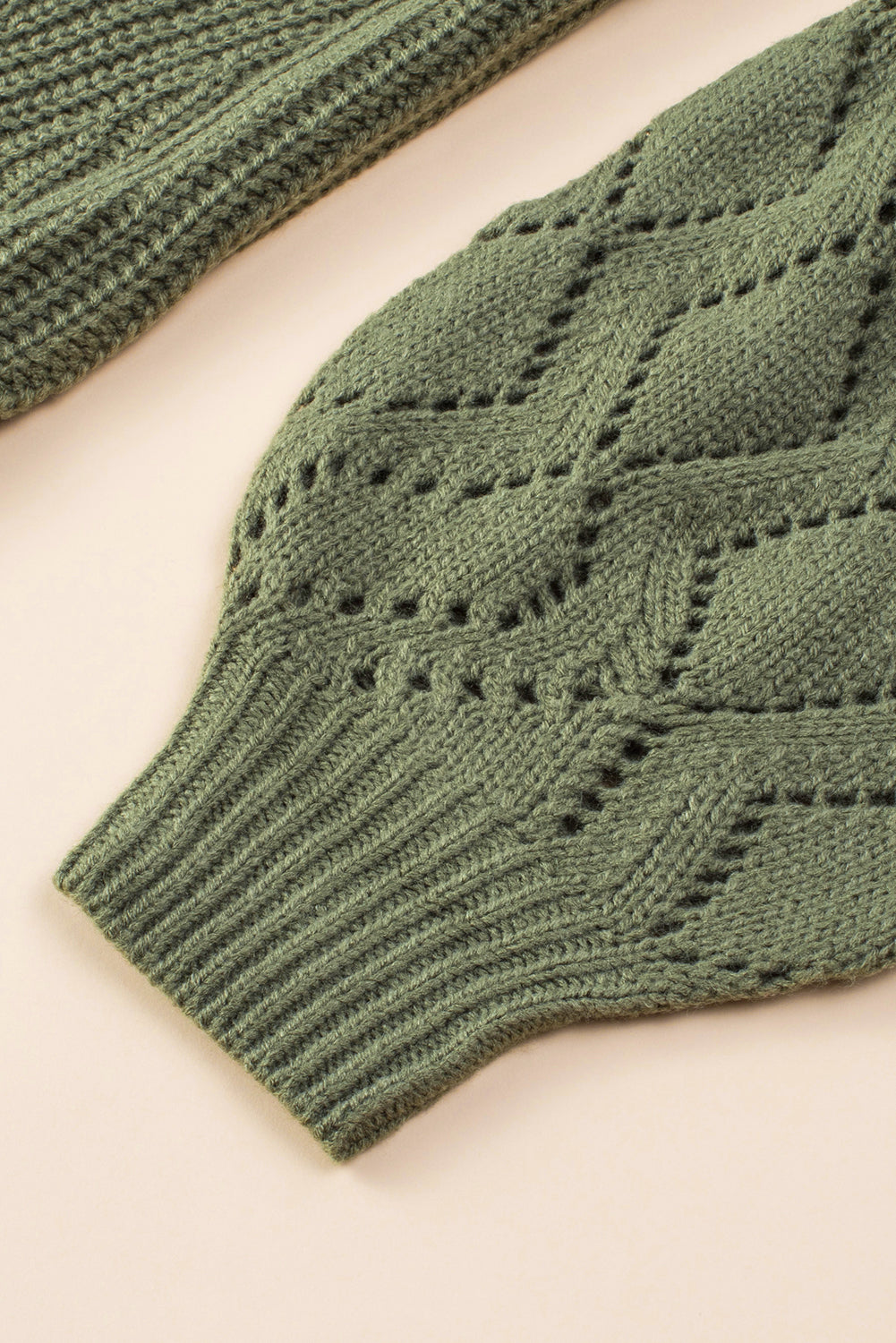 Green Hollow-out Puffy Sleeve Knit Sweater