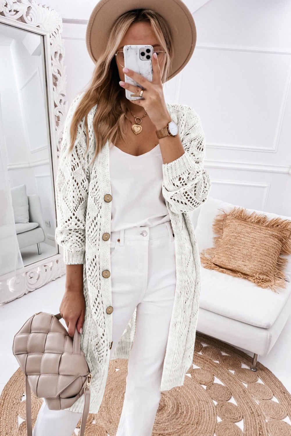 Purple Hollow-out Openwork Knit Cardigan