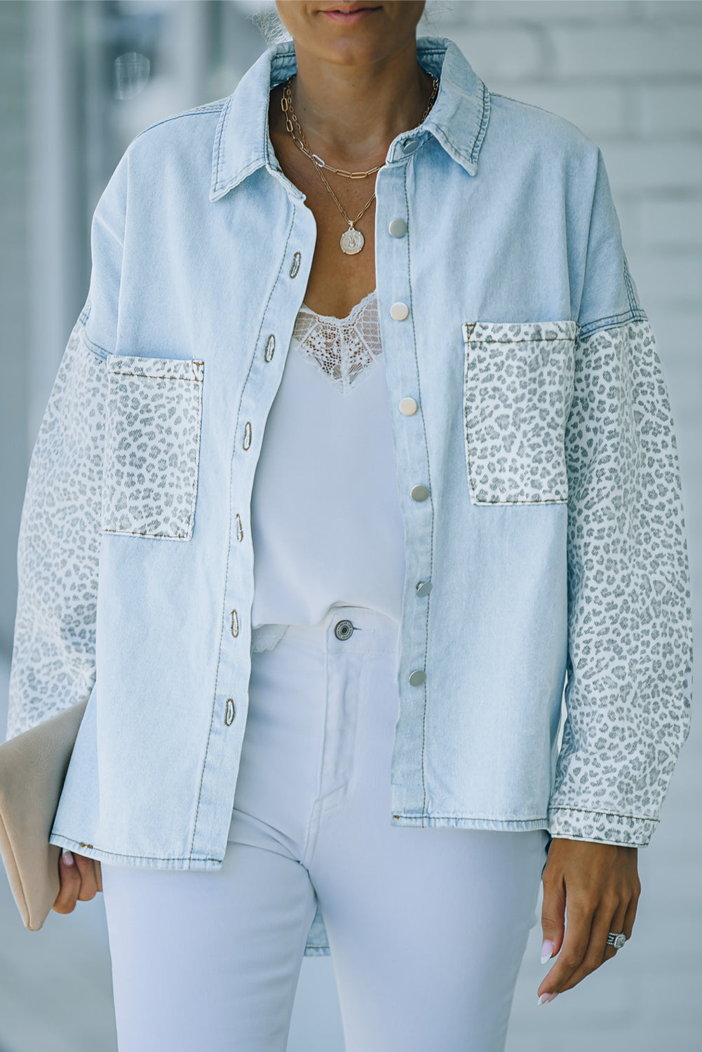 White Contrast Leopard Denim Jacket