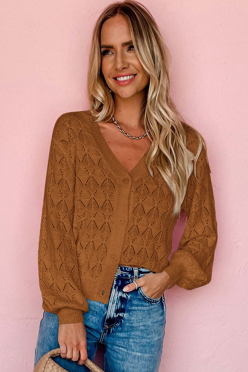 Gray Lightweight Buttoned Front Crochet Cardigan