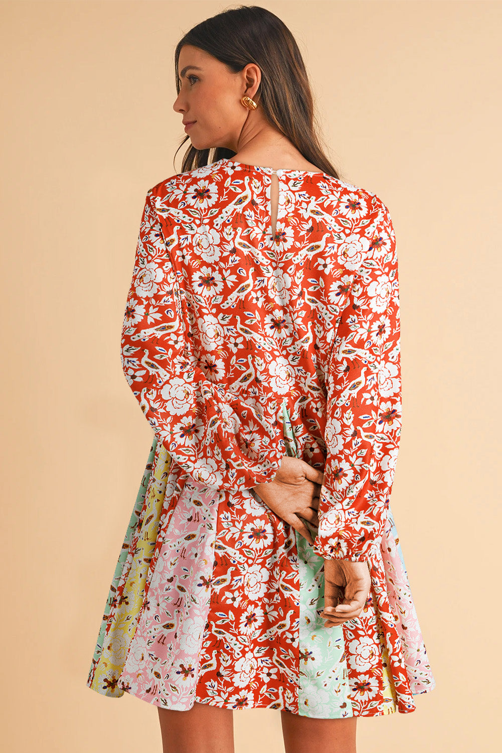 Red Colorful Floral Patchwork Long Sleeve Pleated Mini Dress