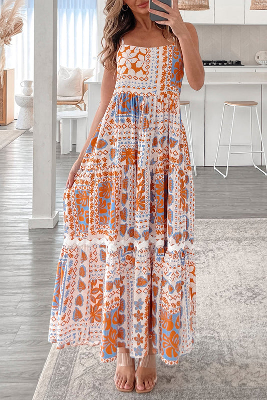 Orange Multi Printed Ricrac Trim Spaghetti Straps Maxi Dress