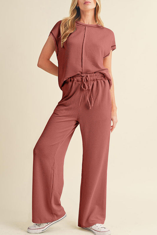 Mineral Red Solid Color Corded Short Sleeve Top and Casual Pants Set