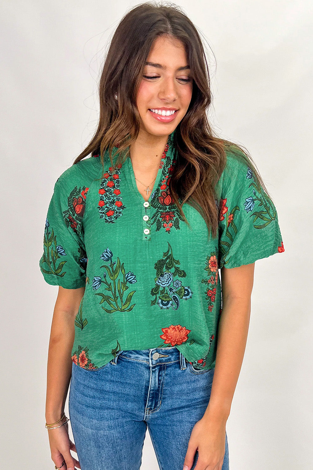 Bright Green Floral Print Buttoned V Neck Short Sleeve Blouse