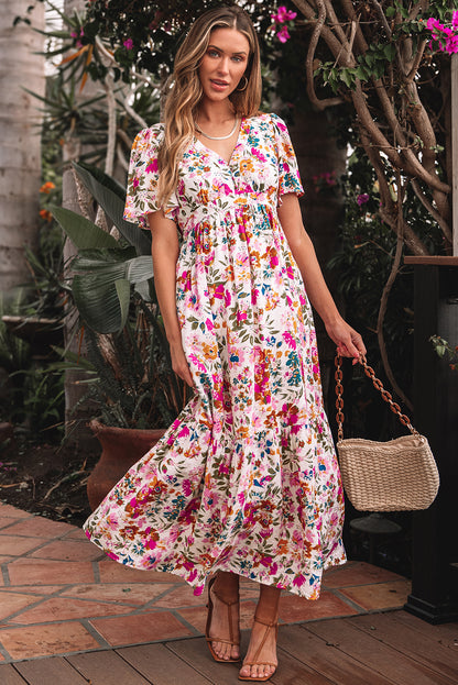 Red Floral Short Sleeve V Neck High Waist Maxi Dress