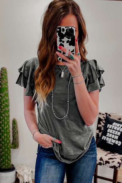 Dark Grey Layered Ruffle Short Sleeve Round Neck Top