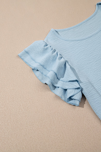 Mist Blue Solid Color Ruffled Short Sleeve Casual Blouse