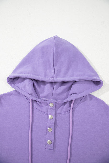 Purple Short Sleeve Buttoned Neck Kangaroo Pocket Hoodie