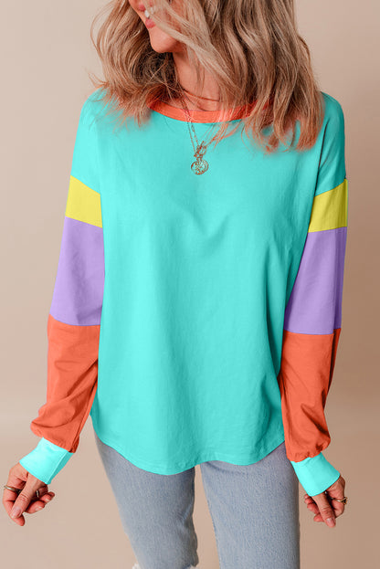 Rose Red Colorblock Patchwork Long Sleeve Loose Top