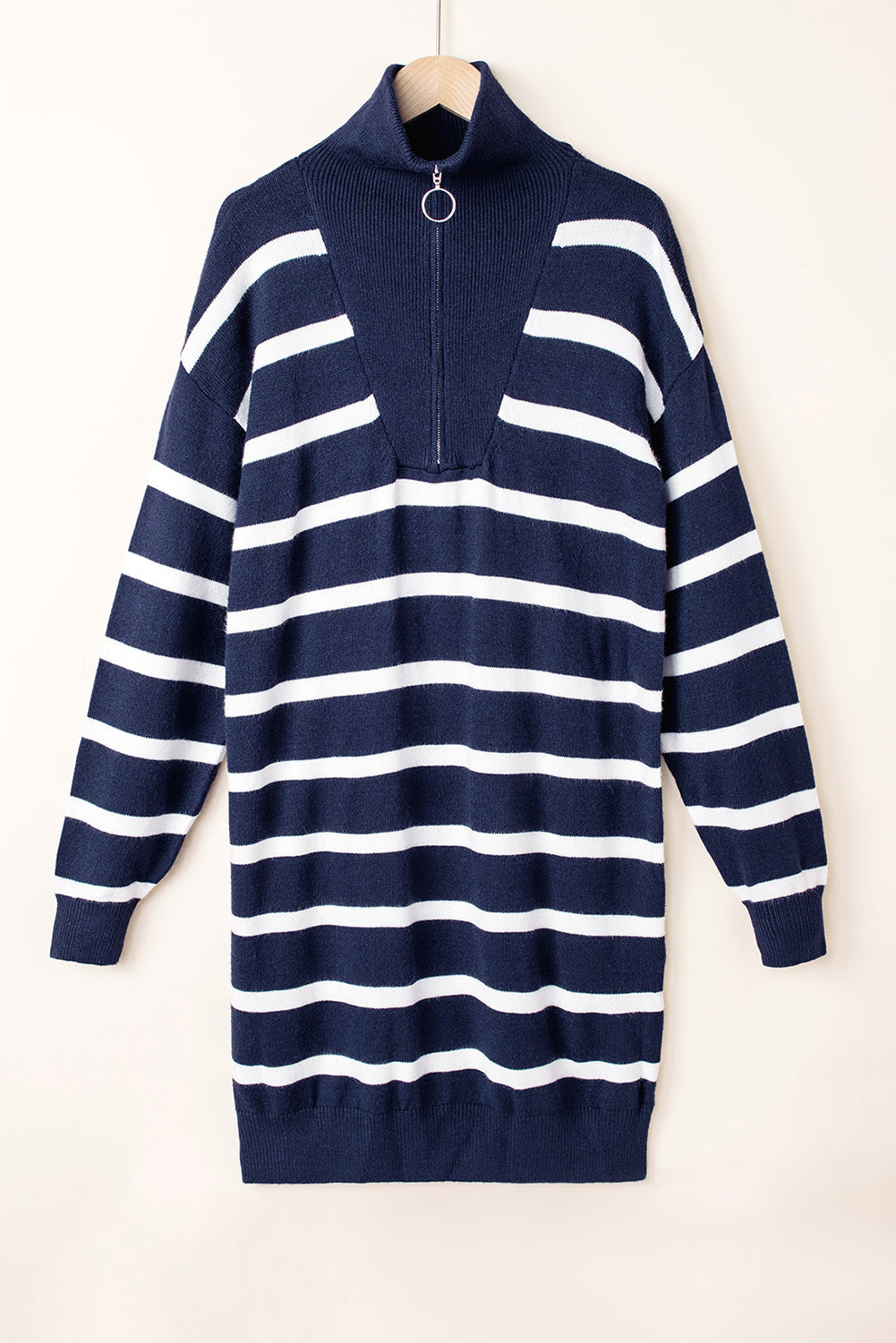 Green Striped/Solid O-ring Zip Collared Loose Sweater Mini Dress