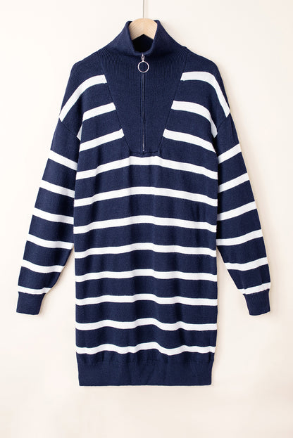 Green Striped/Solid O-ring Zip Collared Loose Sweater Mini Dress