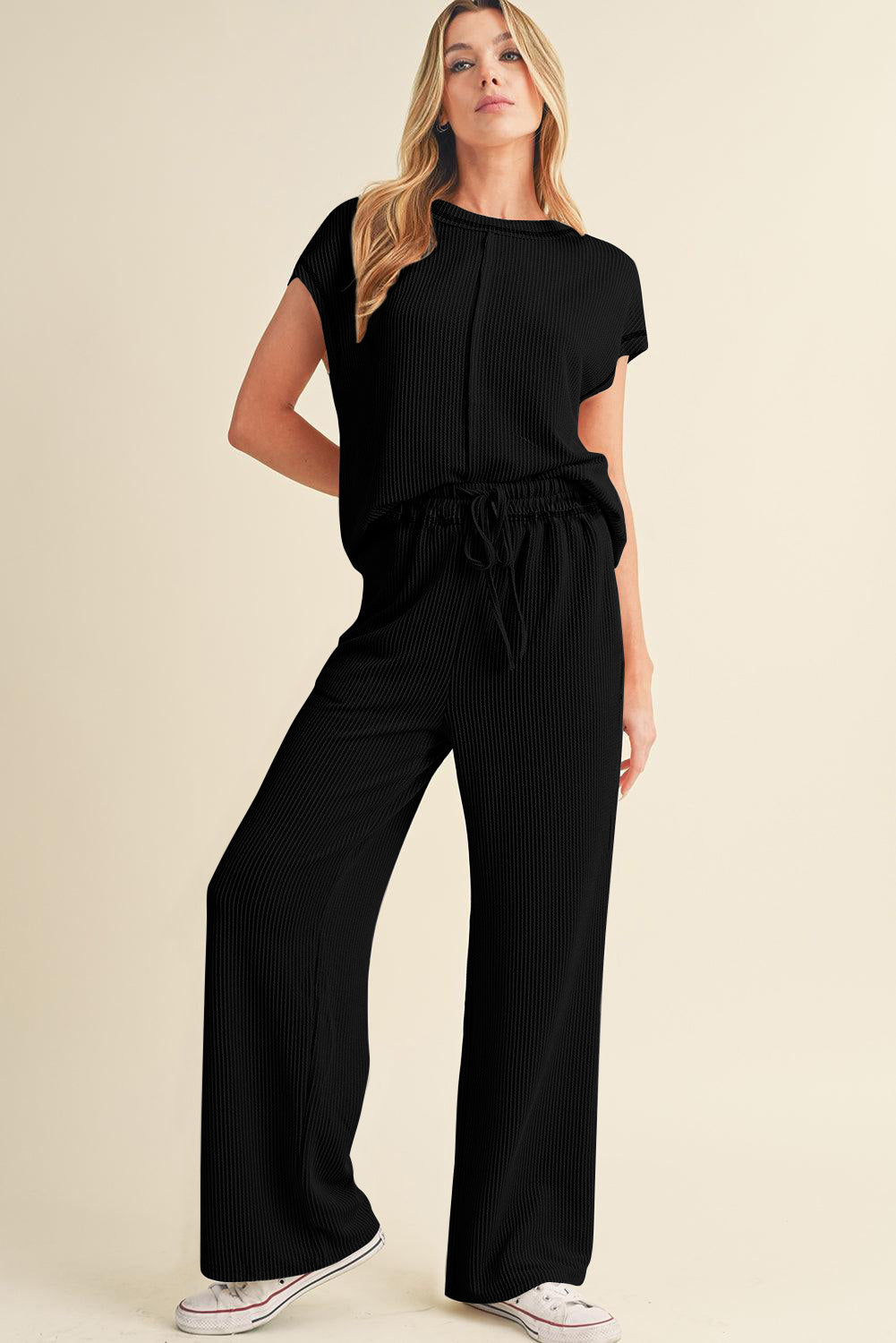 Mineral Red Solid Color Corded Short Sleeve Top and Casual Pants Set