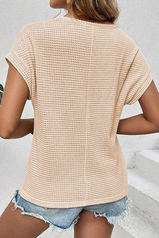 Oatmeal Lace Patchwork Waffle Short Sleeve Top