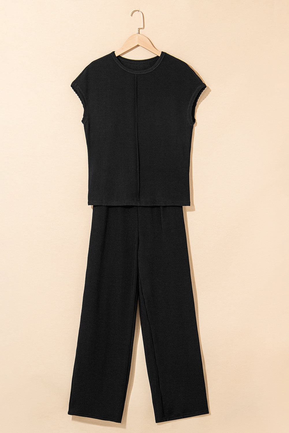 Mineral Red Solid Color Corded Short Sleeve Top and Casual Pants Set