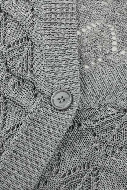 Gray Lightweight Buttoned Front Crochet Cardigan