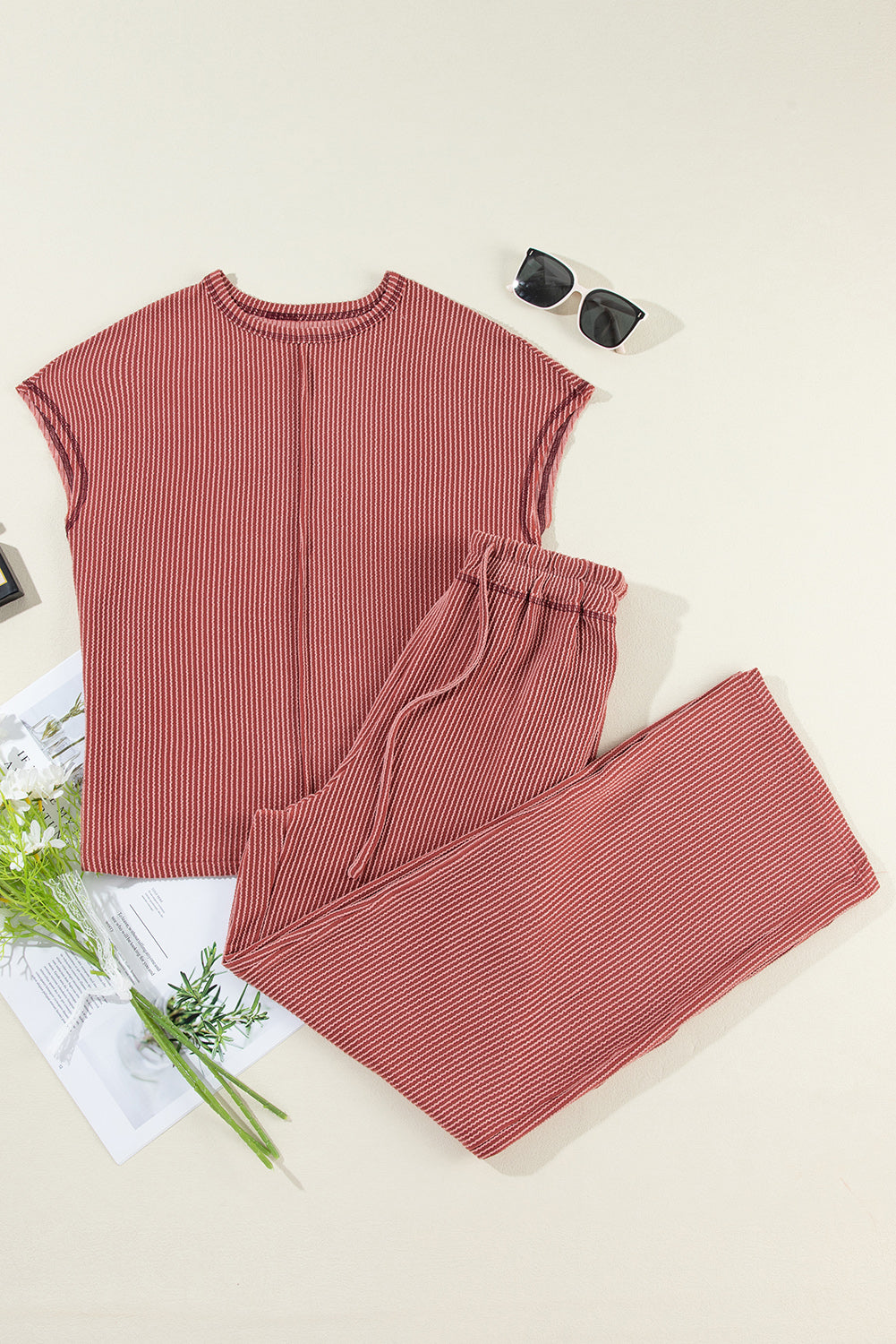 Mineral Red Solid Color Corded Short Sleeve Top and Casual Pants Set