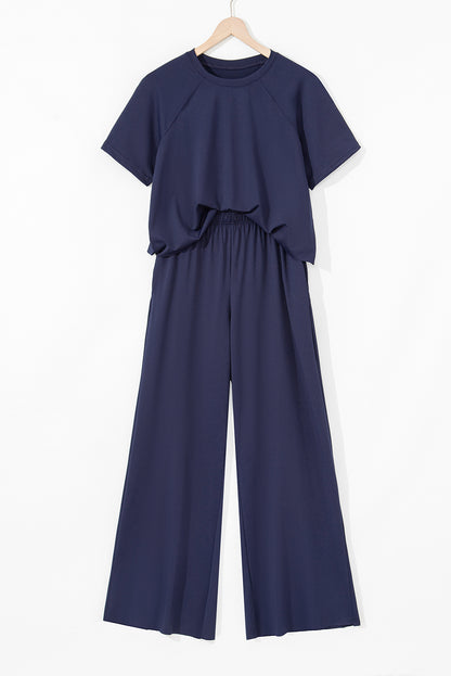 Seagrass Raw Hem Loose Tee and Wide Leg Pants Set