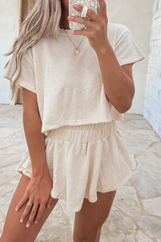 Beige 2pcs Cropped Tee and Ruffle High Waist Skort Set