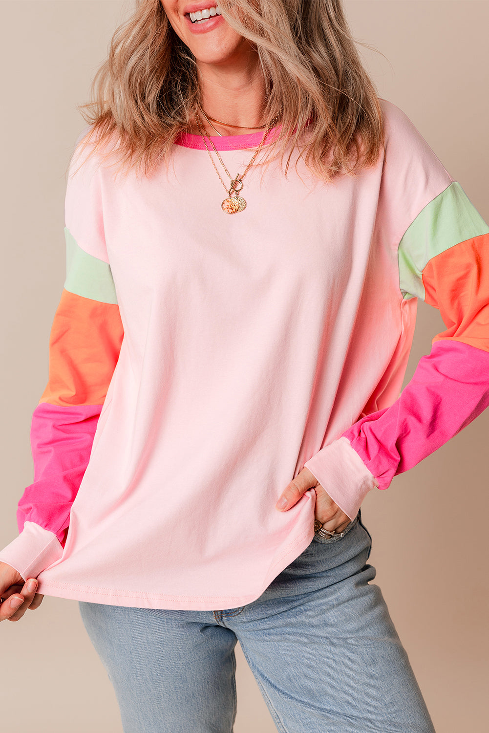 Rose Red Colorblock Patchwork Long Sleeve Loose Top