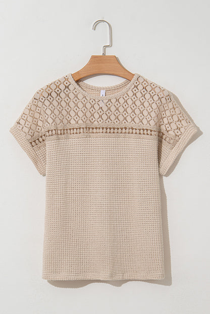 Oatmeal Lace Patchwork Waffle Short Sleeve Top