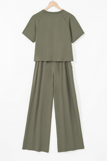 Seagrass Raw Hem Loose Tee and Wide Leg Pants Set