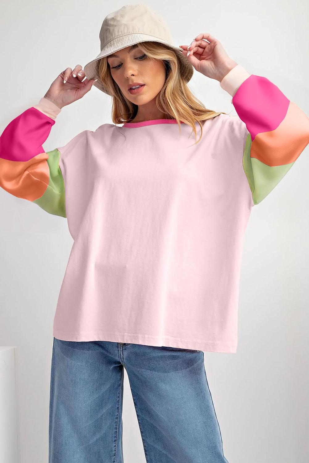 Rose Red Colorblock Patchwork Long Sleeve Loose Top