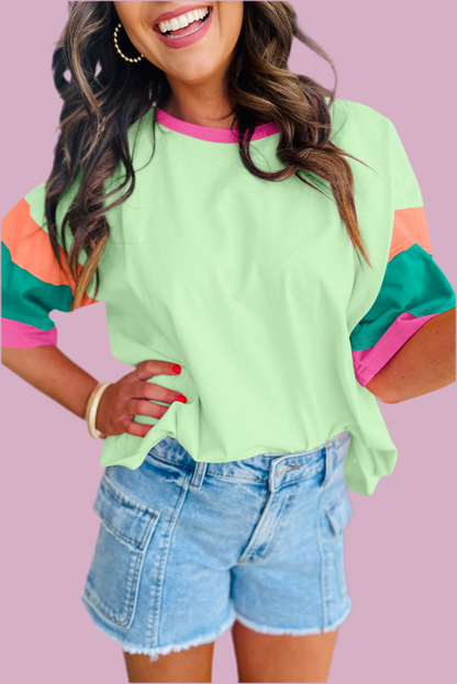 Green Color Block Stitching Sleeve Round Neck Oversize Top